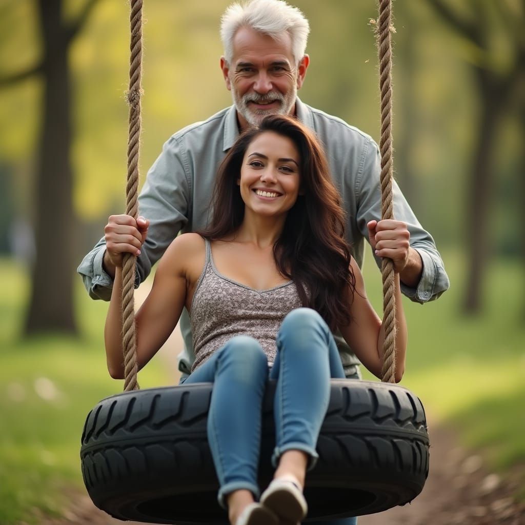 Elegant Young Woman in a Tire Swing, Captured in Springtime