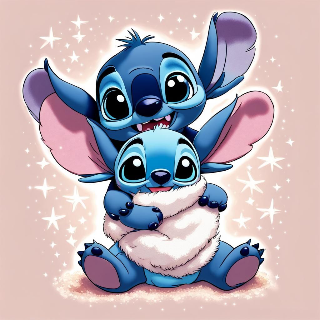 Stitch and Angel Hugging Under Starry Sky