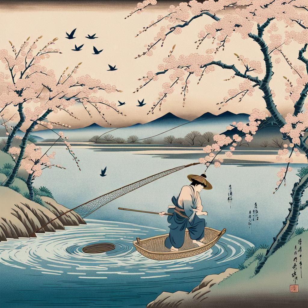 Fisherman in Ukiyo-e Riverside Scene
