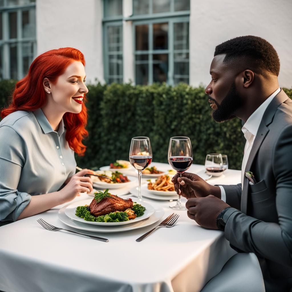 Romantic Dinner: Black Man and Red-Haired Woman