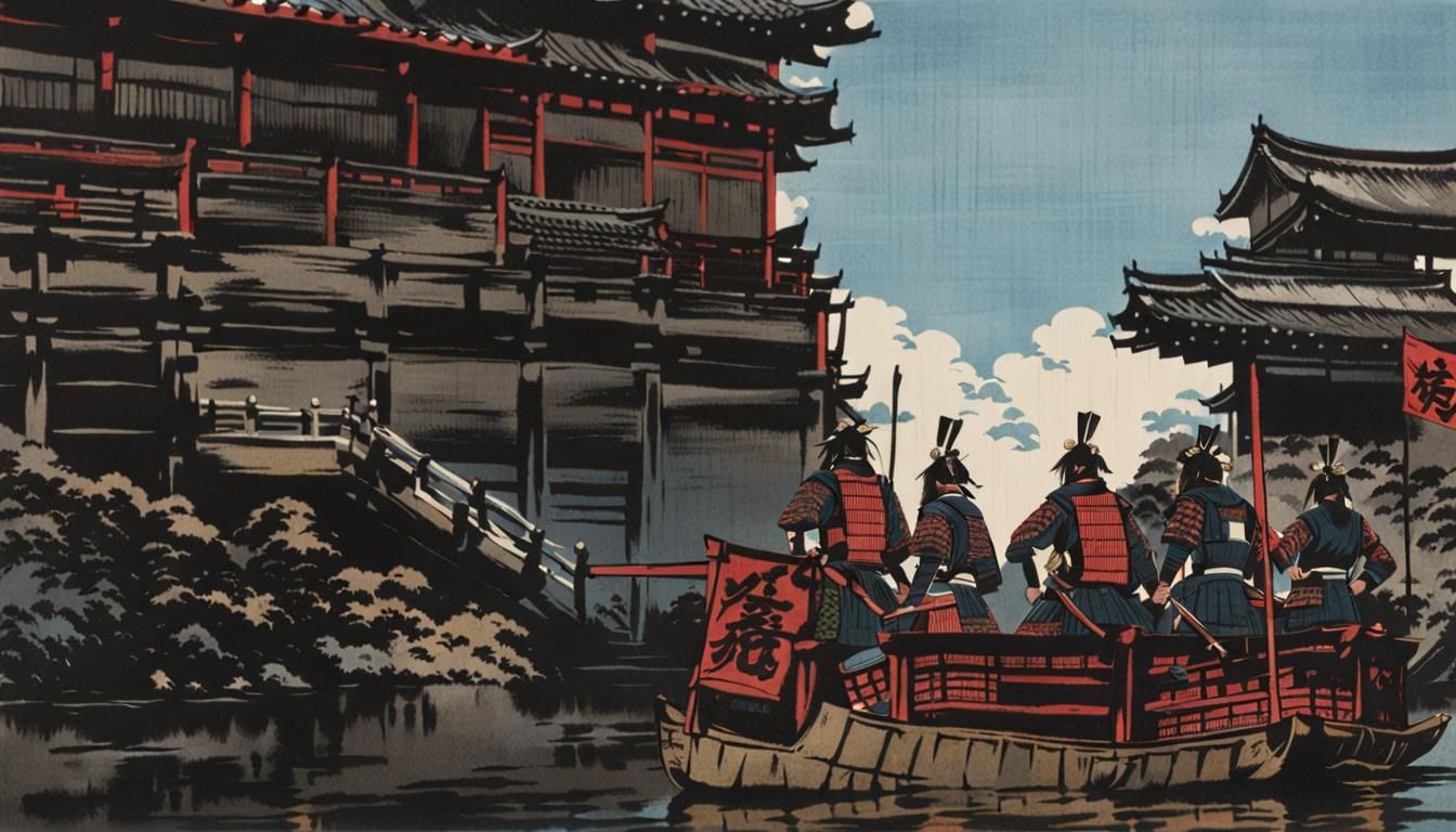 Samurai Warriors View Castle in Silkscreen Style