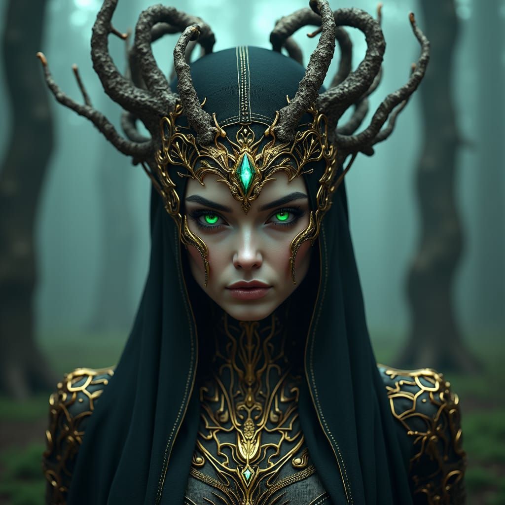Ethereal Forest Witch with Emerald Eyes, in Dark Fantasy Sty...