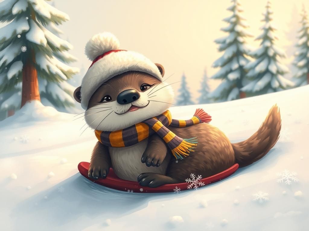 Playful Otter Slides Down Snowy Hill in Digital Art