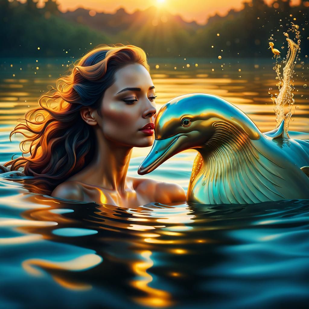 Lady Bathing with Golden Dolphin: Surreal Digital Art