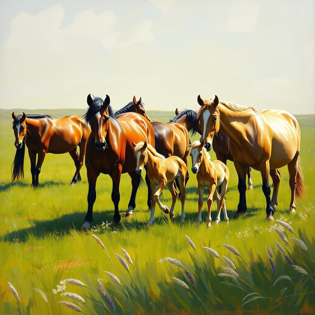 Horses and Foals in Field, Oil Painting