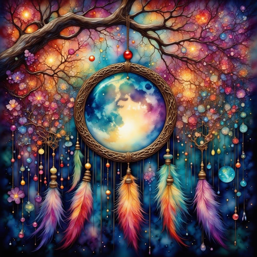 Dreamcatcher Moon in Blossoms: Impressionist Painting