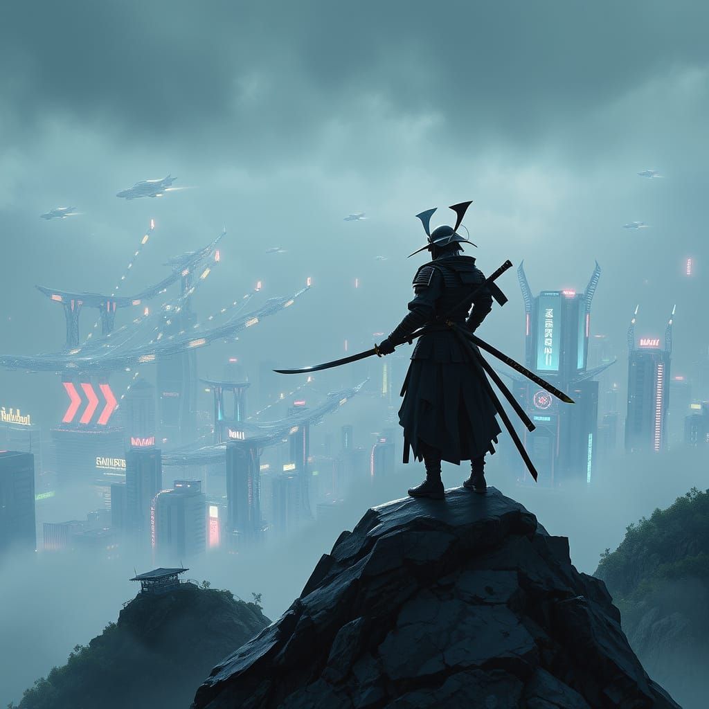 Cyberpunk Samurai Stands Vigilant on Windswept Mountain