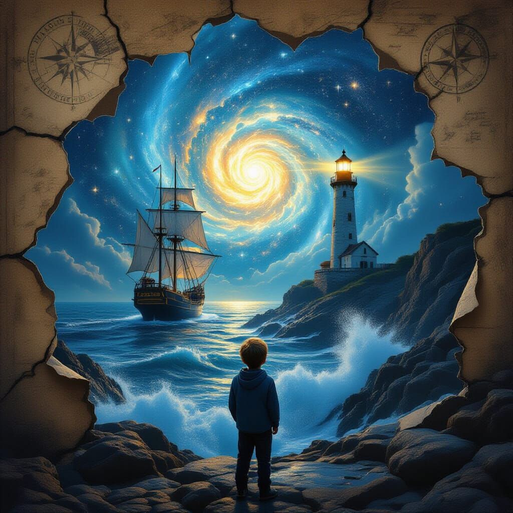 Boy Gazes at Ship by Cosmic Lighthouse Through Ancient Map