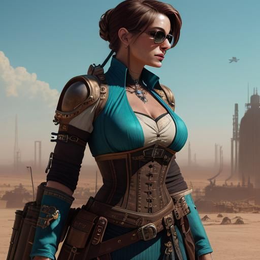 Steampunk Woman in Futuristic Desert Landscape