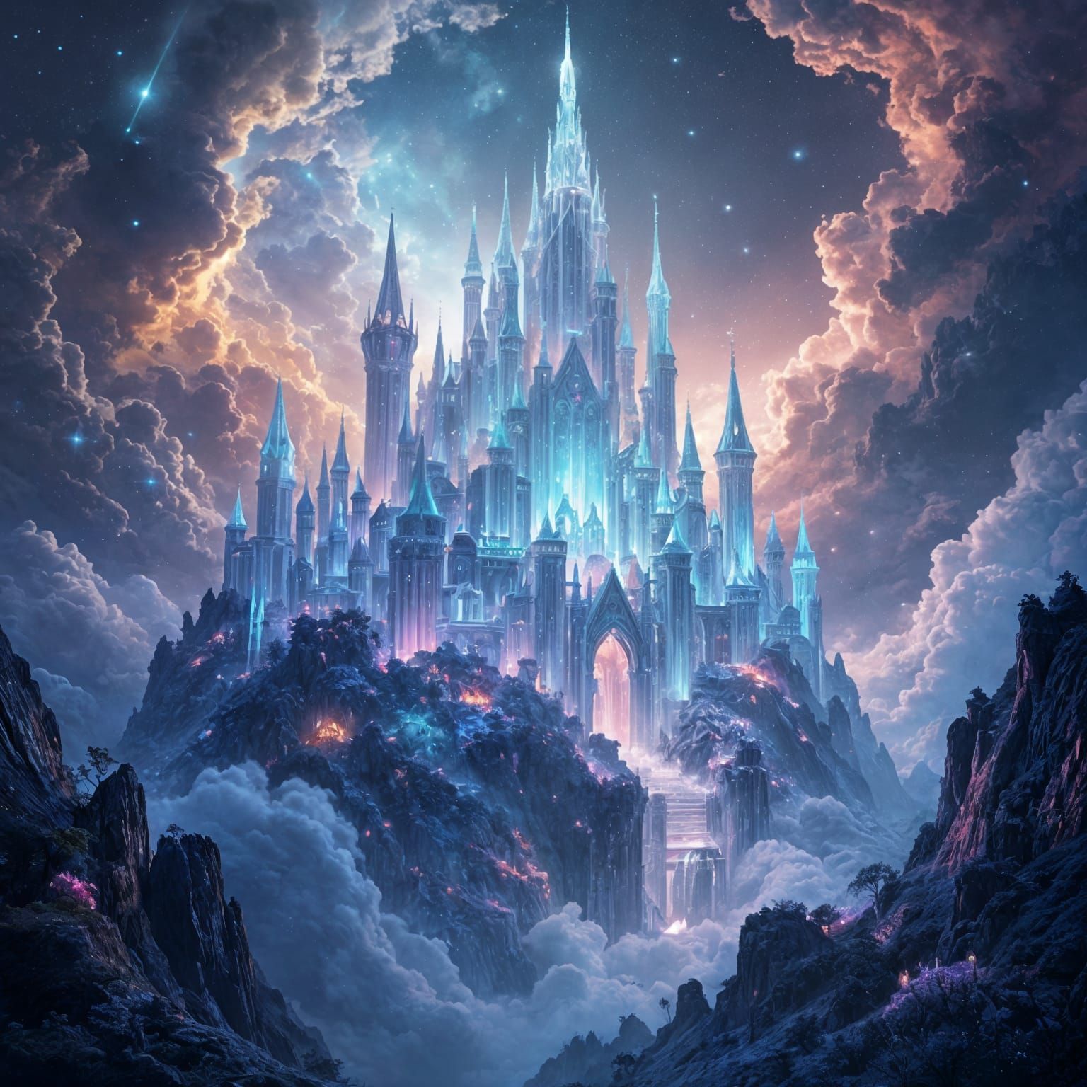 Floating Crystalline Castle in Cosmic Nebula
