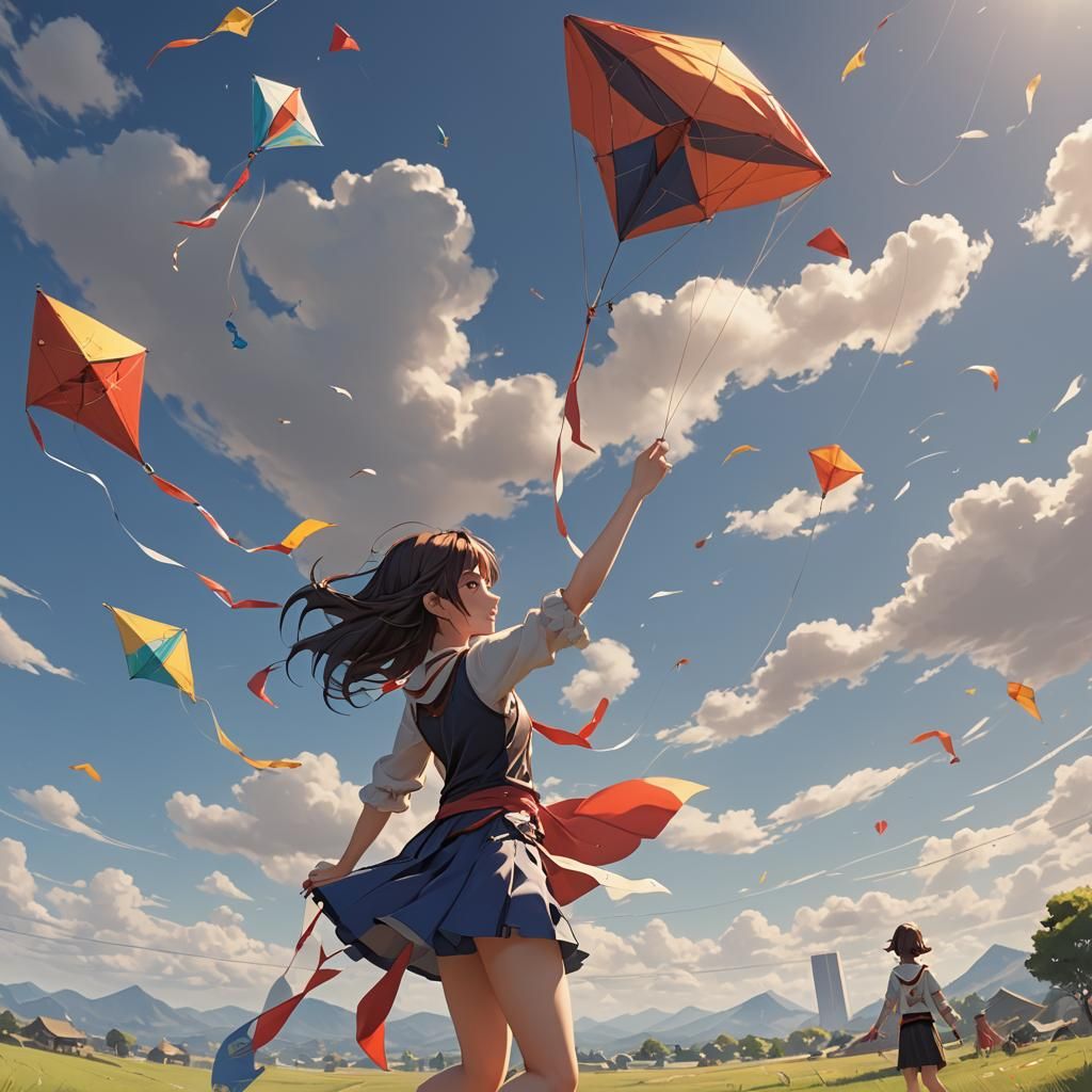 Anime Girl Plays with Kite in 3D