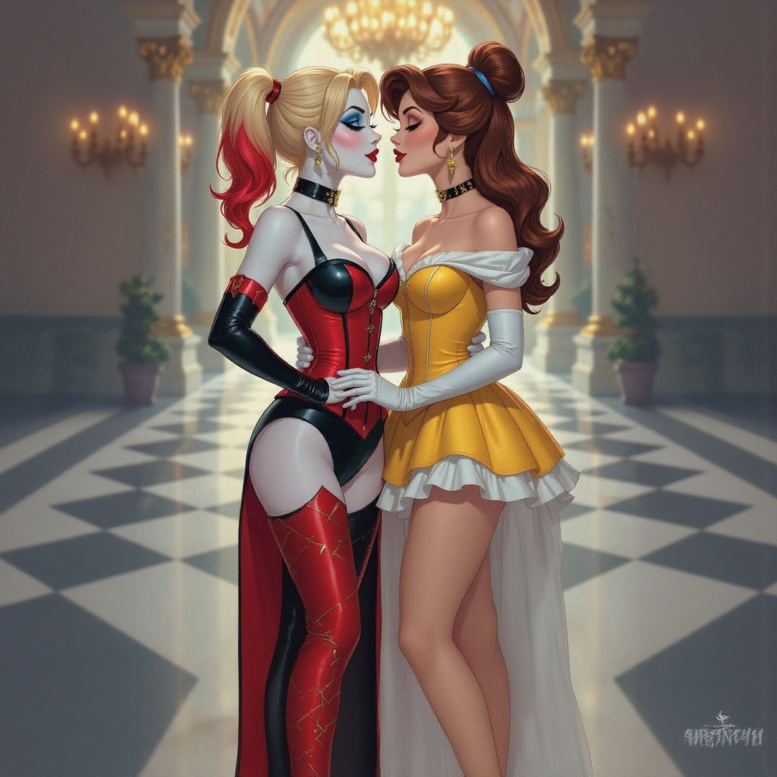 Harley Quinn and Belle: A Kiss in Comic Book Style
