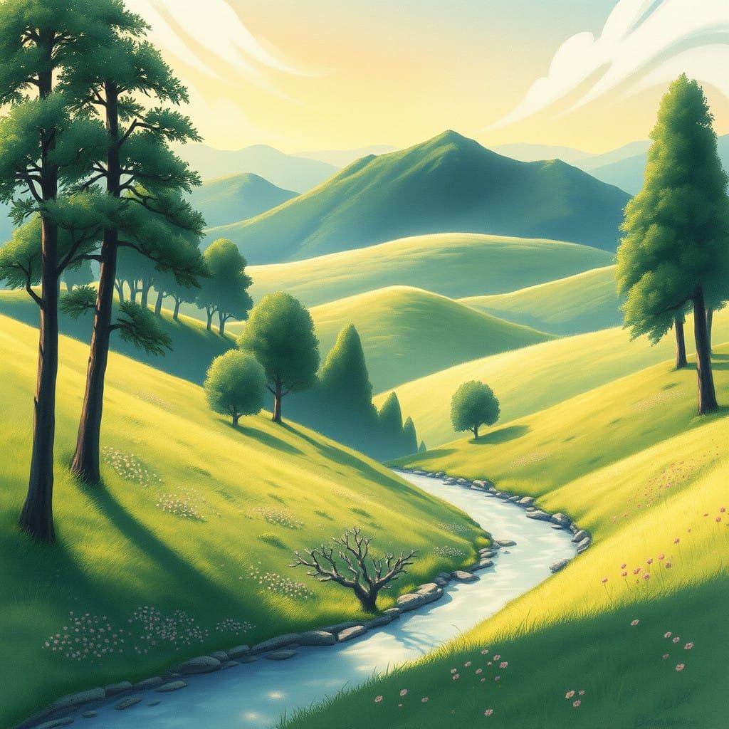 Whimsical Japanese Landscape with Watercolor Touches