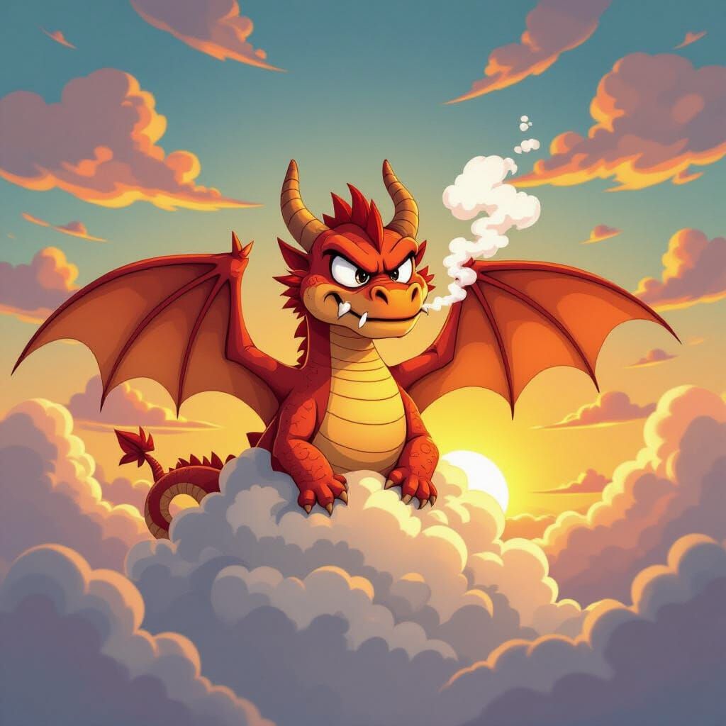 Frustrated Dragon Tangled in Cloud, Sunset Sky