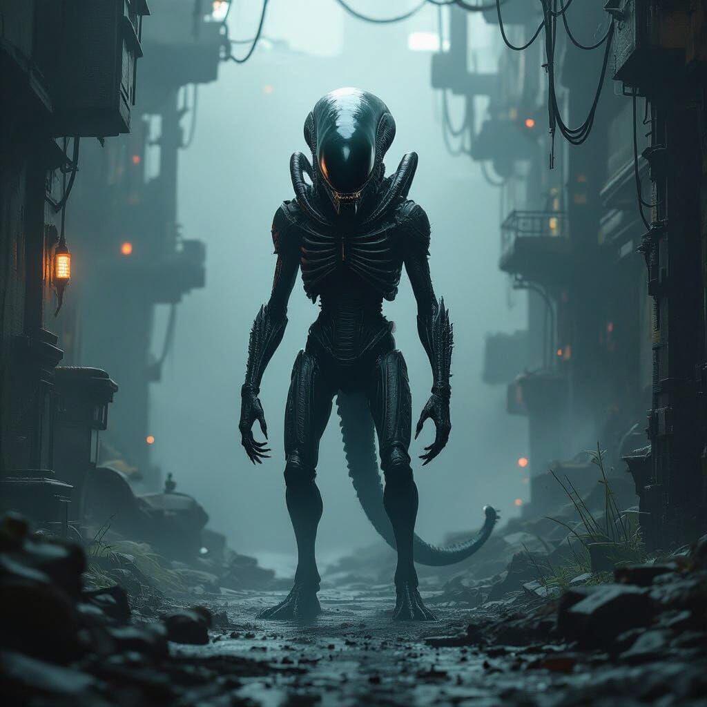 Ominous Xenomorph in Dark Industrial Biomechanical Surrealis...
