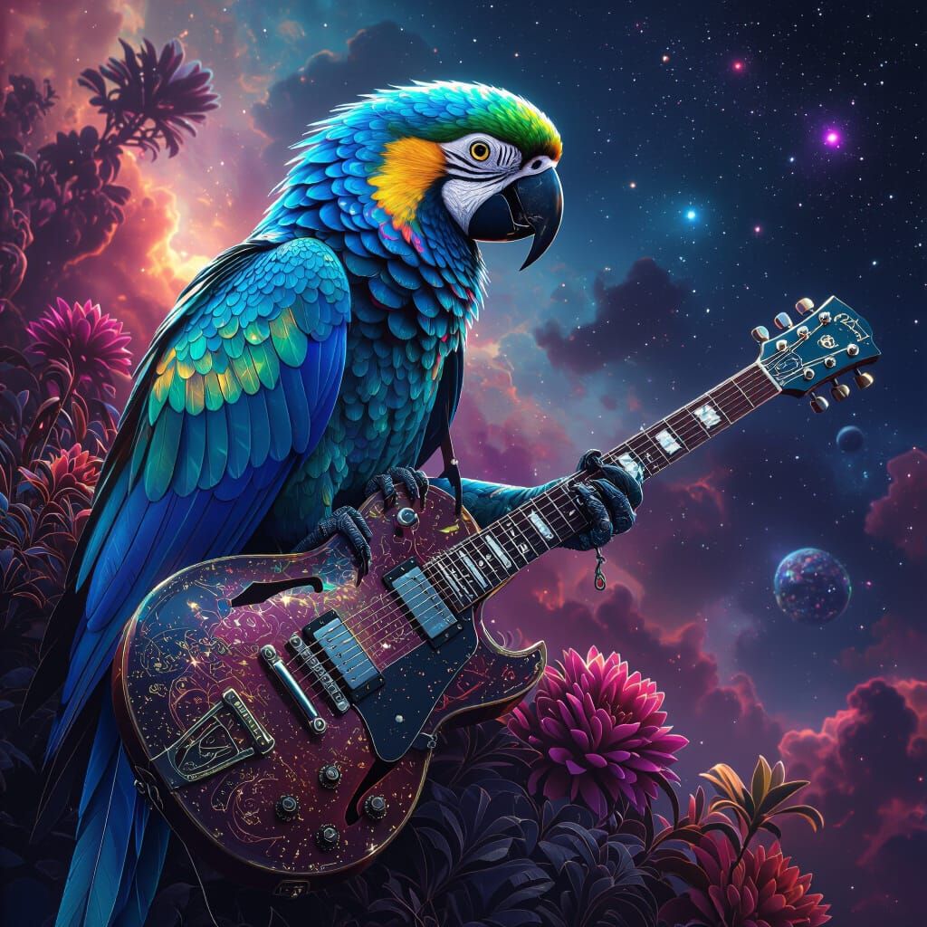 Bioluminescent Parrot on Futuristic Guitar