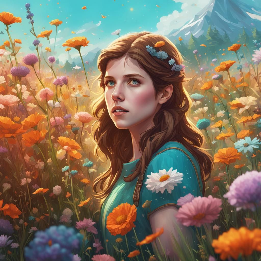 Anna Kendrick in a Flower Meadow, Art Nouveau Style