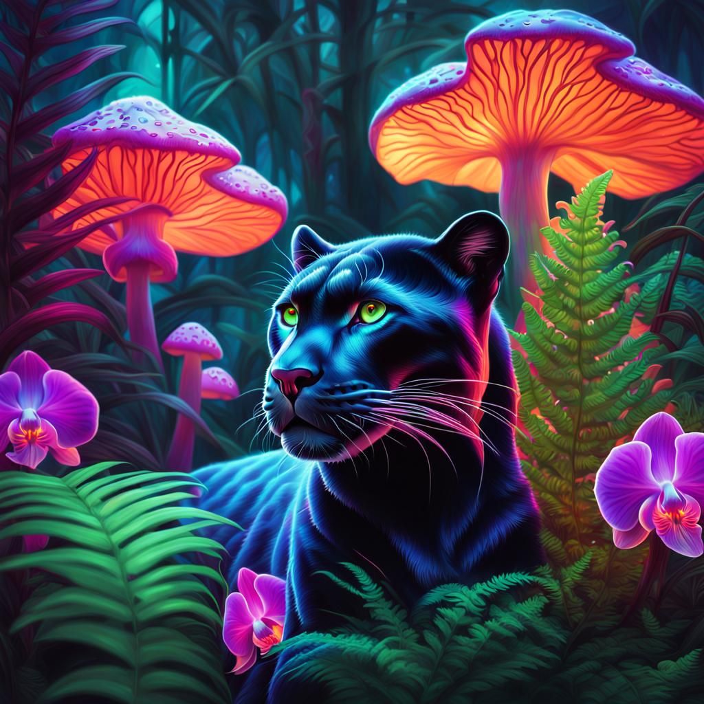 Fluorescent Panther in Glowing Mushroom Forest: Digital Art