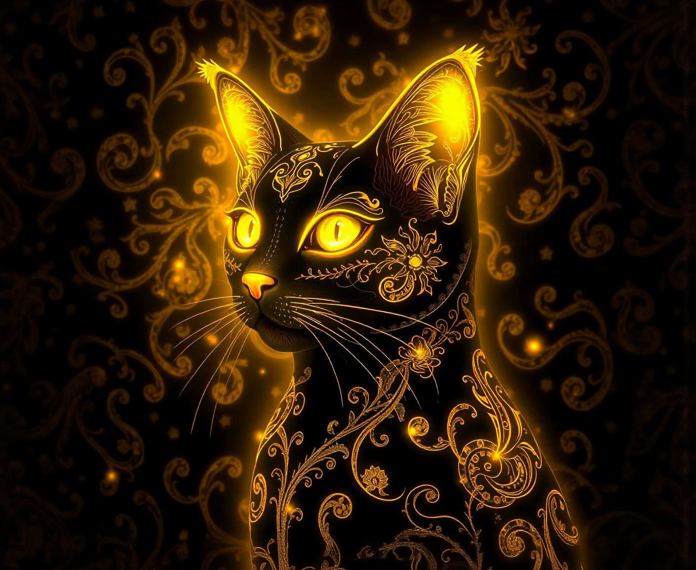 Bioluminescent Cat with Golden Filigree Design