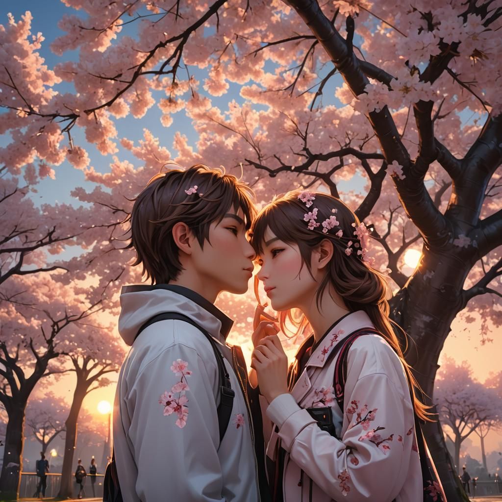 Teenagers Kissing Under Cherry Blossoms: Anime Style