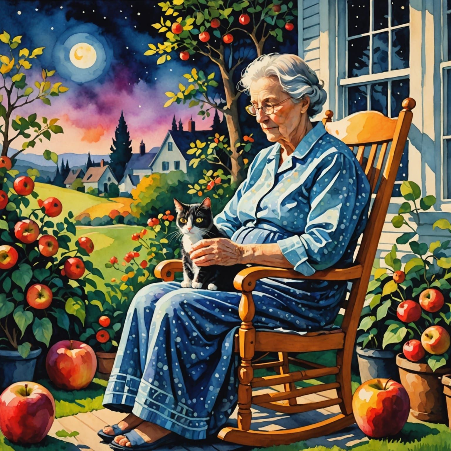 Grandma in Rocking Chair at Night: Impressionistic Watercolo...