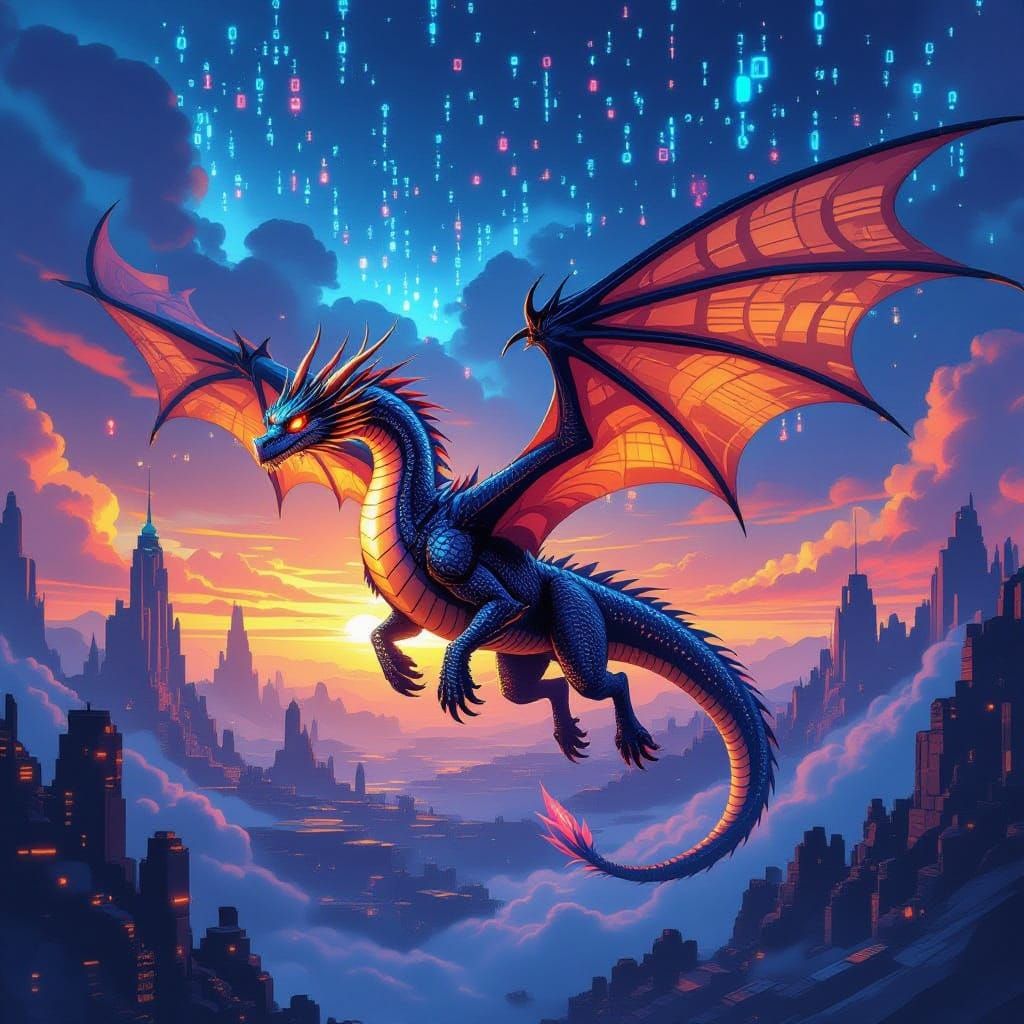 Cyberpunk Dragon Soars Through Digital Sky