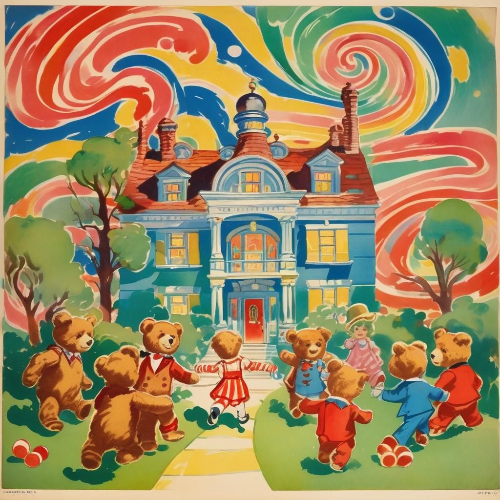 Teddy Bear Mansion in 1920s Children's Book Style