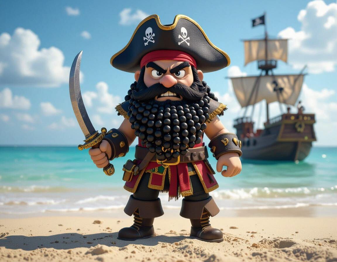Fierce Pirate Captain with Beaded Beard on Sandy Shore