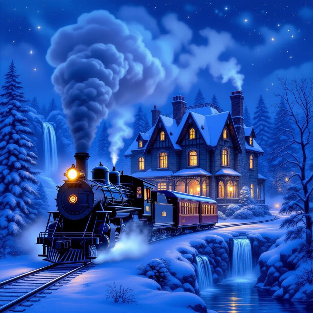 Magical Winter Train Passing Gothic Mansion