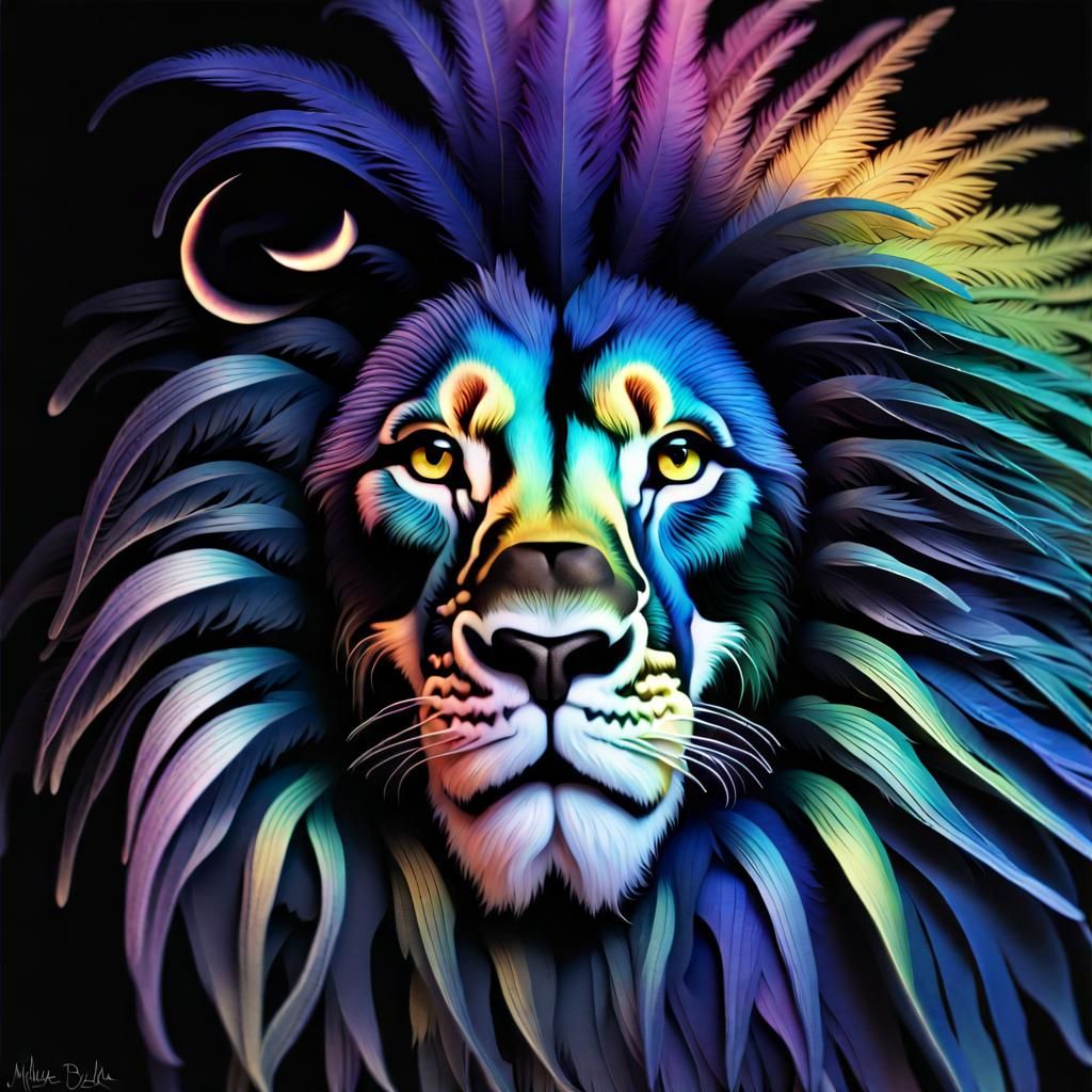 Iridescent Lion with Peacock Feathers in Moonlit Forest
