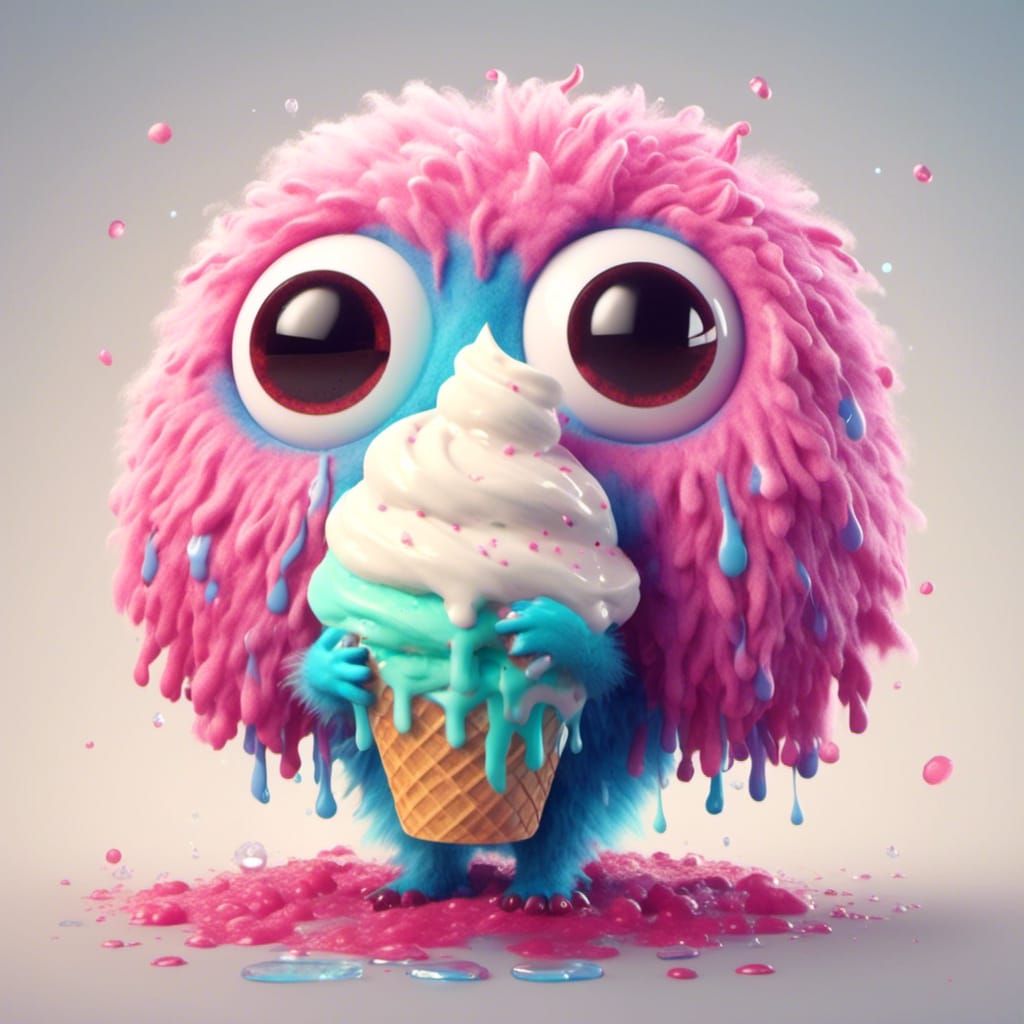 Adorable Fluffy Monster with Melting Ice Cream Cone