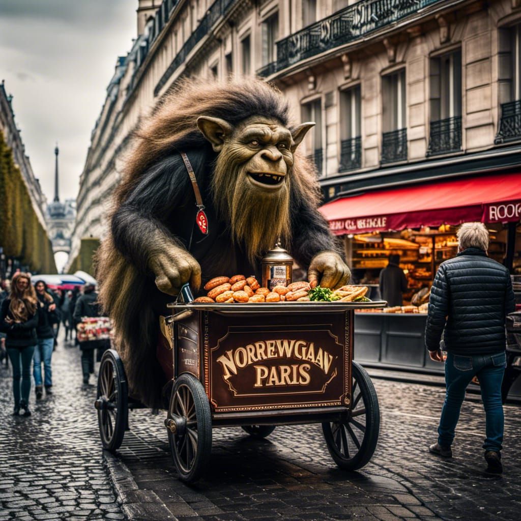 Hyperrealistic Norwegian Troll Tramples Paris Food Cart