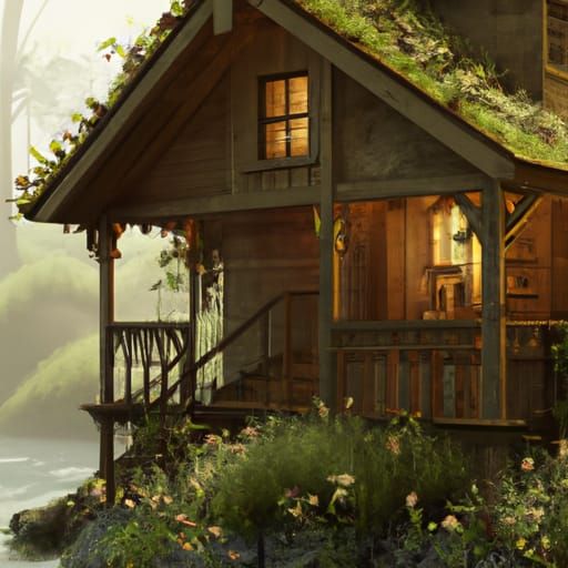 Moss-Covered House by River in Misty Forest