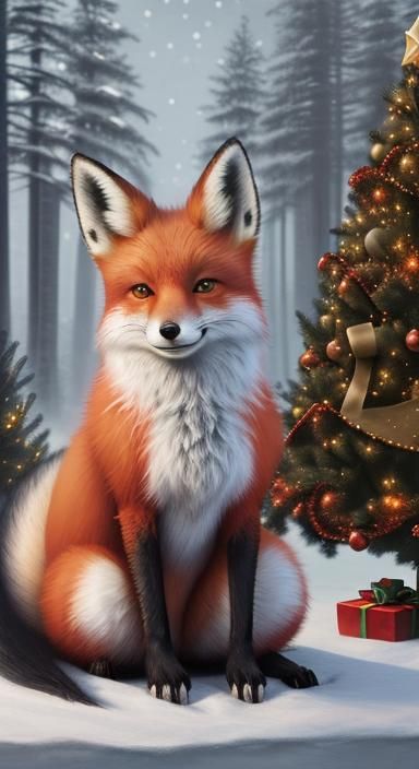 Cute Christmas Fox by a Christmas Tree