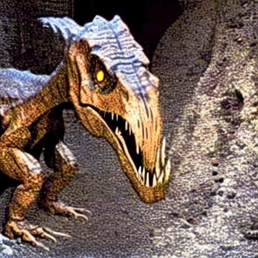 A scary looking rotting body of a t rex dinosaur inside of a dark mine shaft