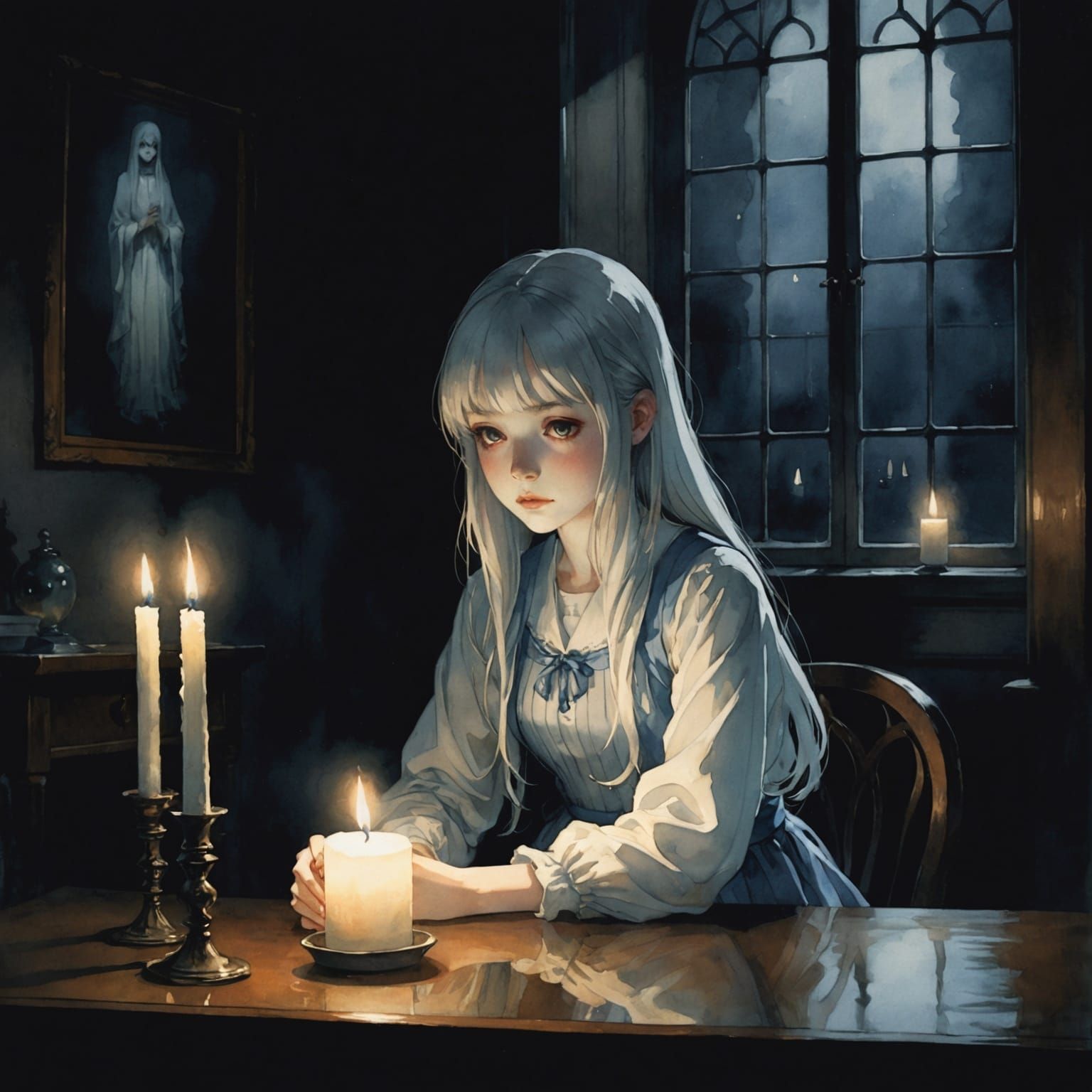Ethereal Girl in Candlelight: Anime Watercolor