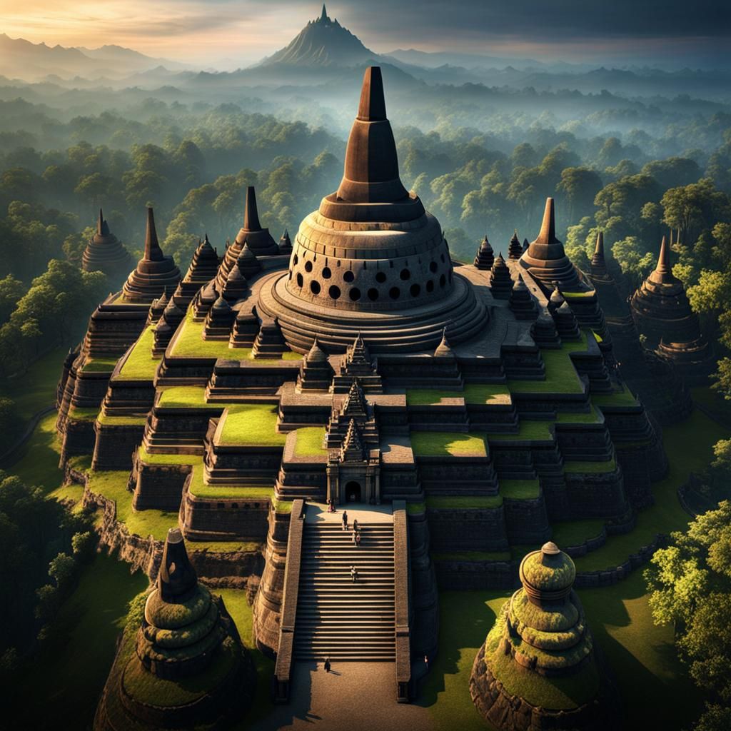 Borobudur Temple with Child: Detailed Digital Painting