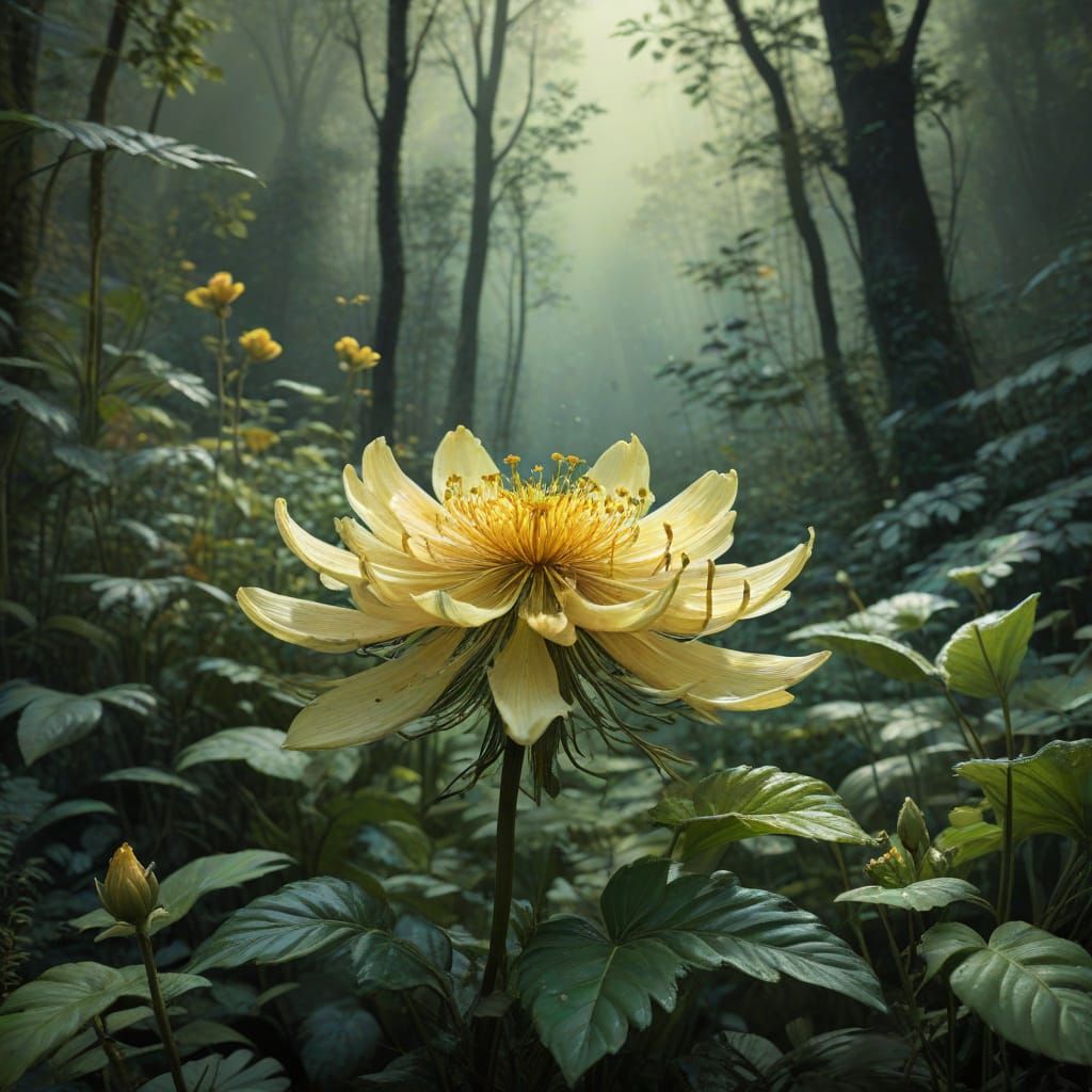 Golden Hued Bloom in Lush Forest Landscape