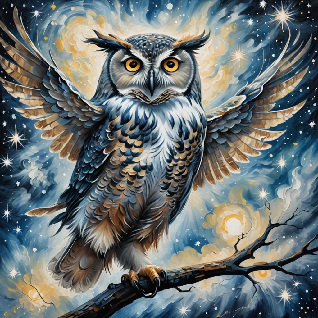 Surreal Owl Soaring Through Starry Night Sky