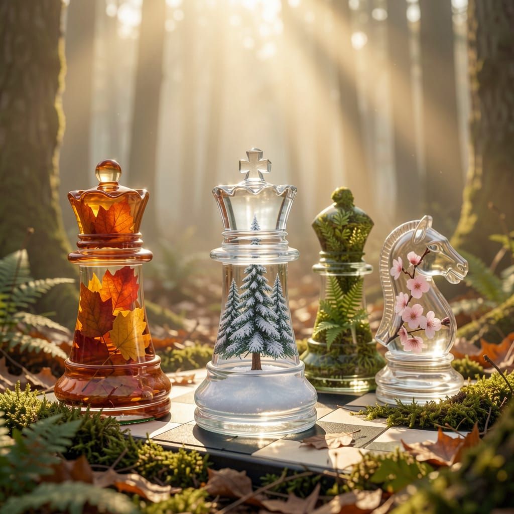 Elegant Seasonal Chess Pieces on Forest Floor