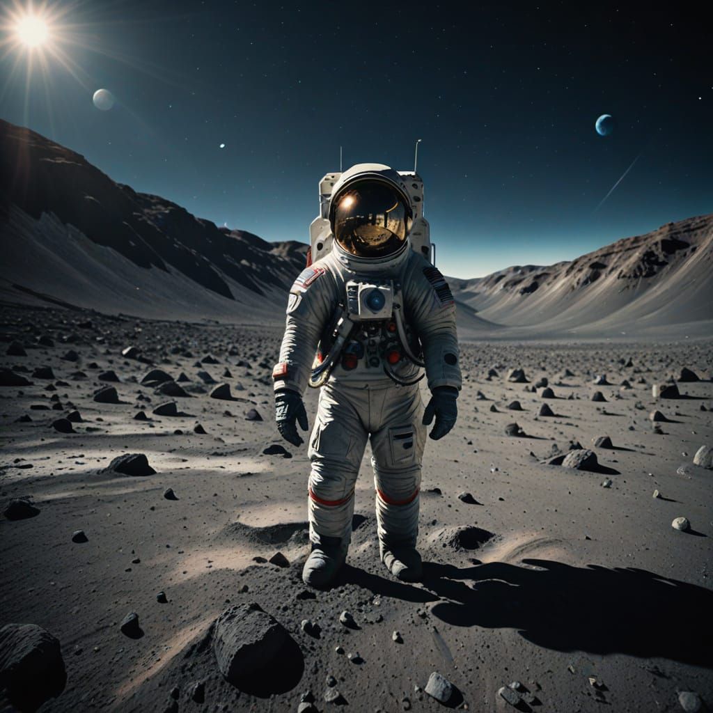 Astronaut Gazing at Earth: Photorealistic Lunar Landscape