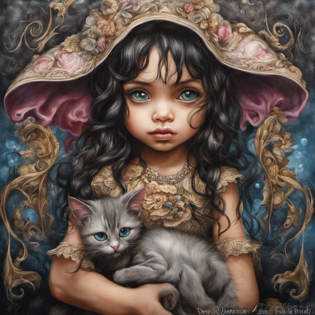 Baby Girl with Kitten: Detailed Graffiti Art