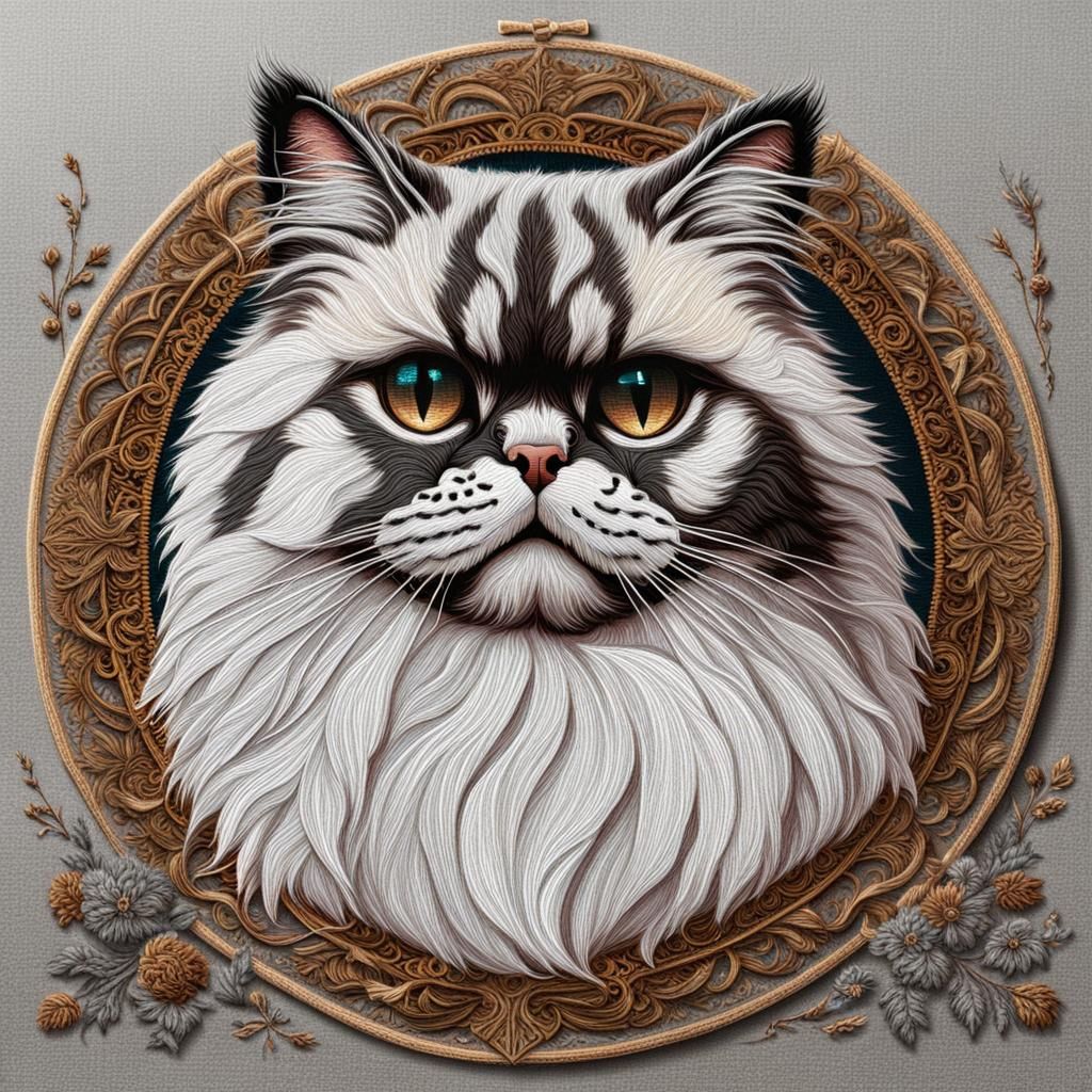 Persian Cat as Intricate Embroidery Art