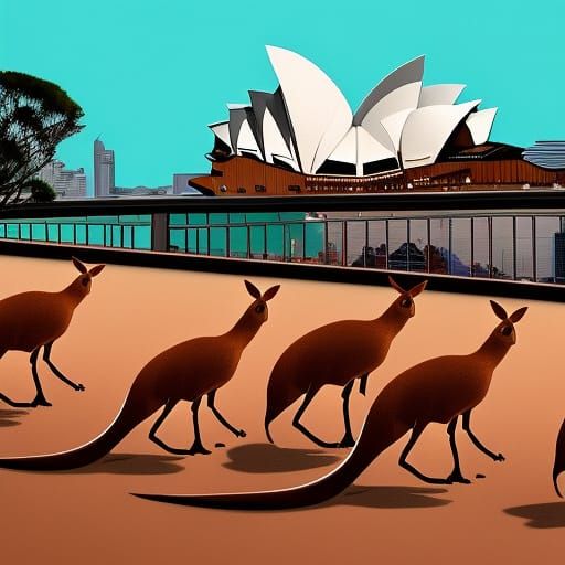 Kangaroos at Sydney Opera House: Hyperrealistic Splash Art