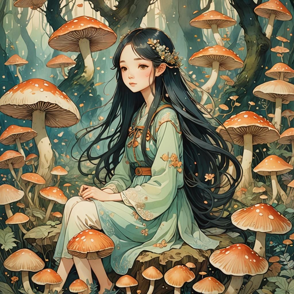 Gentle Fairy in Mushroom Forest: Anime Illustration