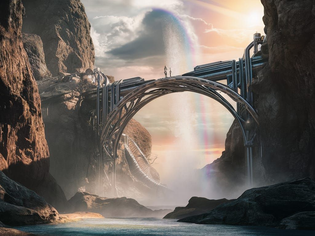 Alien Bridge Over Rainbow in Dark Fantasy Landscape