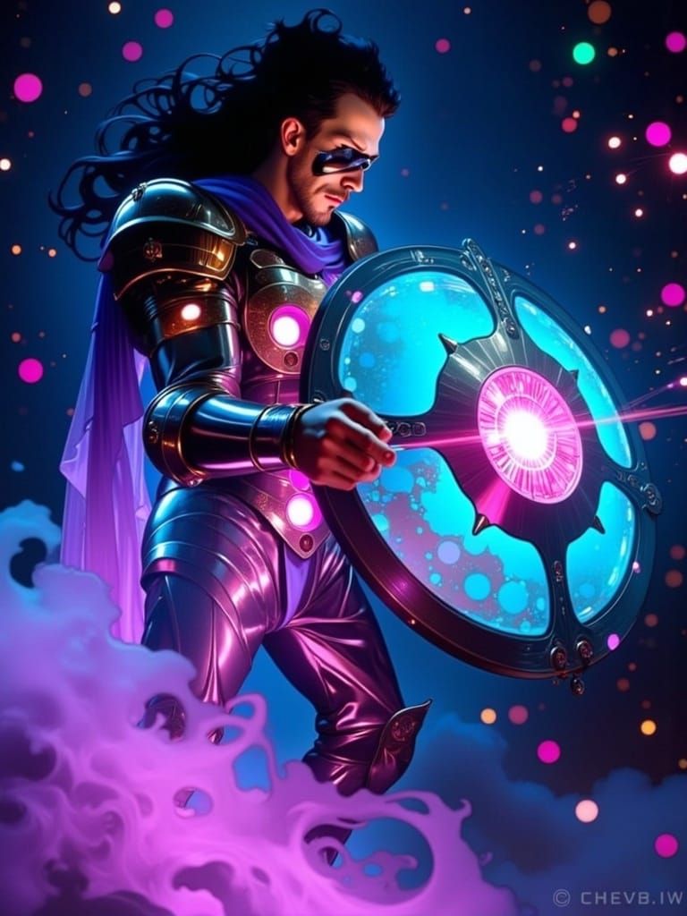 Futuristic Knight Defends with Holographic Shield in Neon-Li...