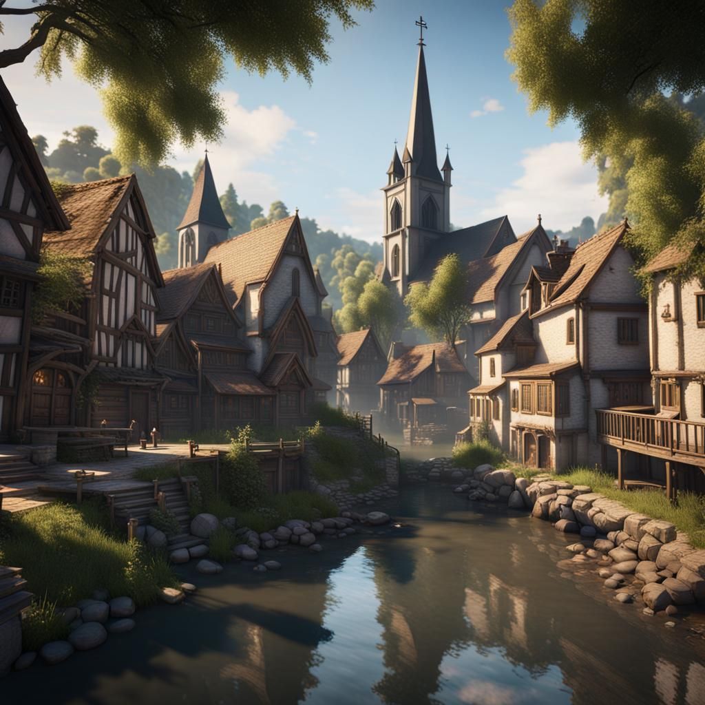 Riverside Town with Church in 3D Game Style