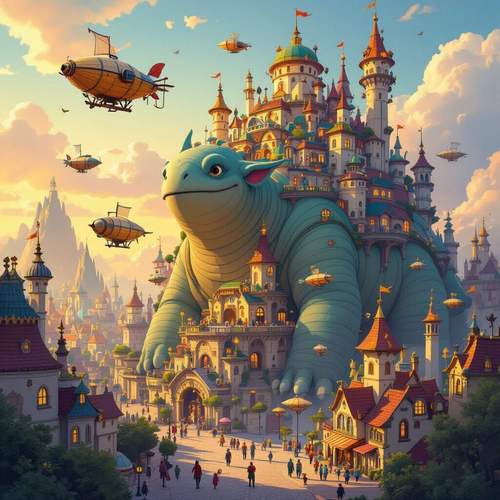 Fantastical City on Gentle Giants with Airships