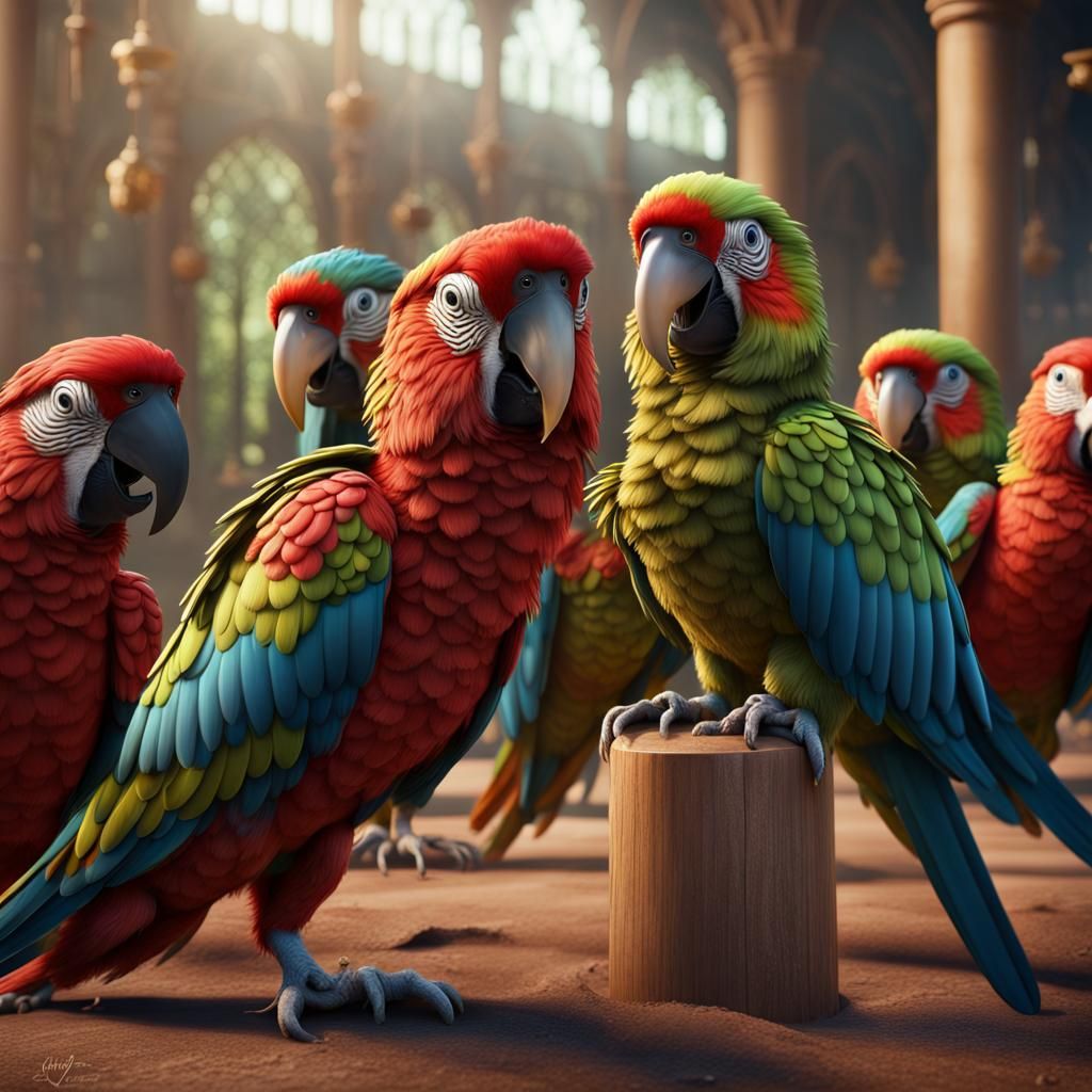 Parrots Playing Cricket: Detailed Matte Painting